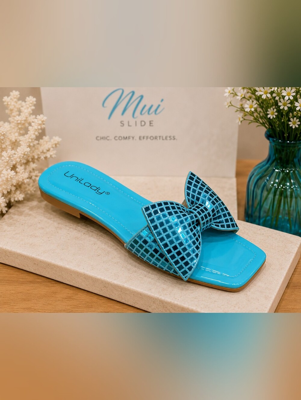 Unilady “Mui” Turquoise Bow Slides – Women’s Size 7 – New in Box